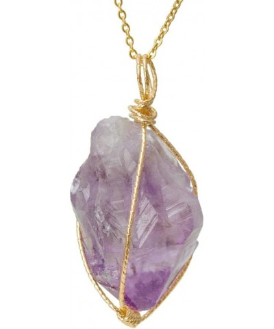 Wire Wrapped Raw Gemstone Crystal Pendant Necklace Handmade Natural Healing Crystal Jewelry for Women Purple $9.71 Necklaces