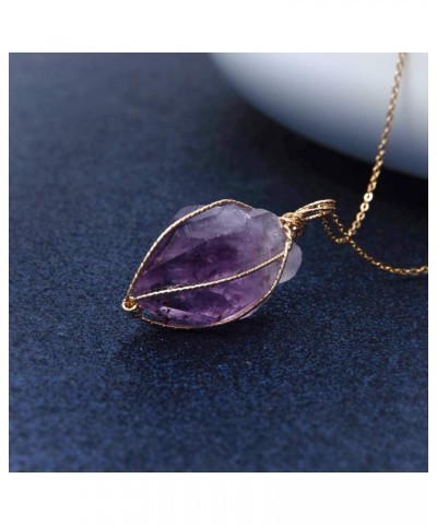 Wire Wrapped Raw Gemstone Crystal Pendant Necklace Handmade Natural Healing Crystal Jewelry for Women Purple $9.71 Necklaces