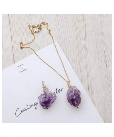 Wire Wrapped Raw Gemstone Crystal Pendant Necklace Handmade Natural Healing Crystal Jewelry for Women Purple $9.71 Necklaces