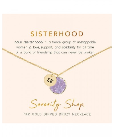 SK Necklace - Sigma Kappa Purple Druzy Gemstone Necklace With Engraved Pendant – 14K Gold Dipped Jewelry with Purple Gemstone...