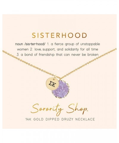 SK Necklace - Sigma Kappa Purple Druzy Gemstone Necklace With Engraved Pendant – 14K Gold Dipped Jewelry with Purple Gemstone...