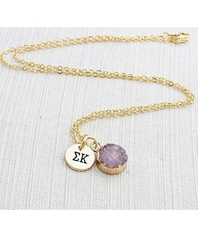 SK Necklace - Sigma Kappa Purple Druzy Gemstone Necklace With Engraved Pendant – 14K Gold Dipped Jewelry with Purple Gemstone...