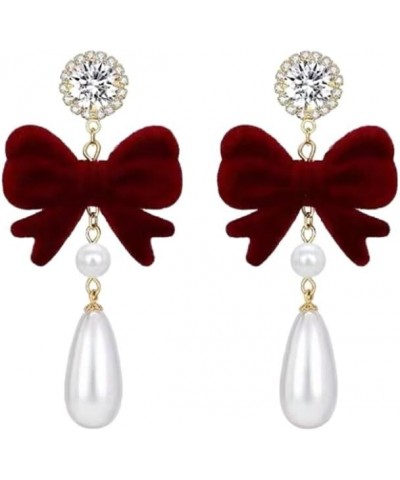 Crystal & Cubic Zirconia Enamel Bow Dangle Earring for Women, Women's Fashion Drop Earrings Pearl & Nylon Bow $11.19 Earrings