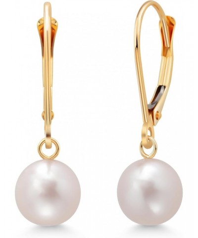 14K Yellow Gold Cultured Freshwater Pearl Earrings For Women, 7MM White Round Shape Dangling $66.00 Earrings