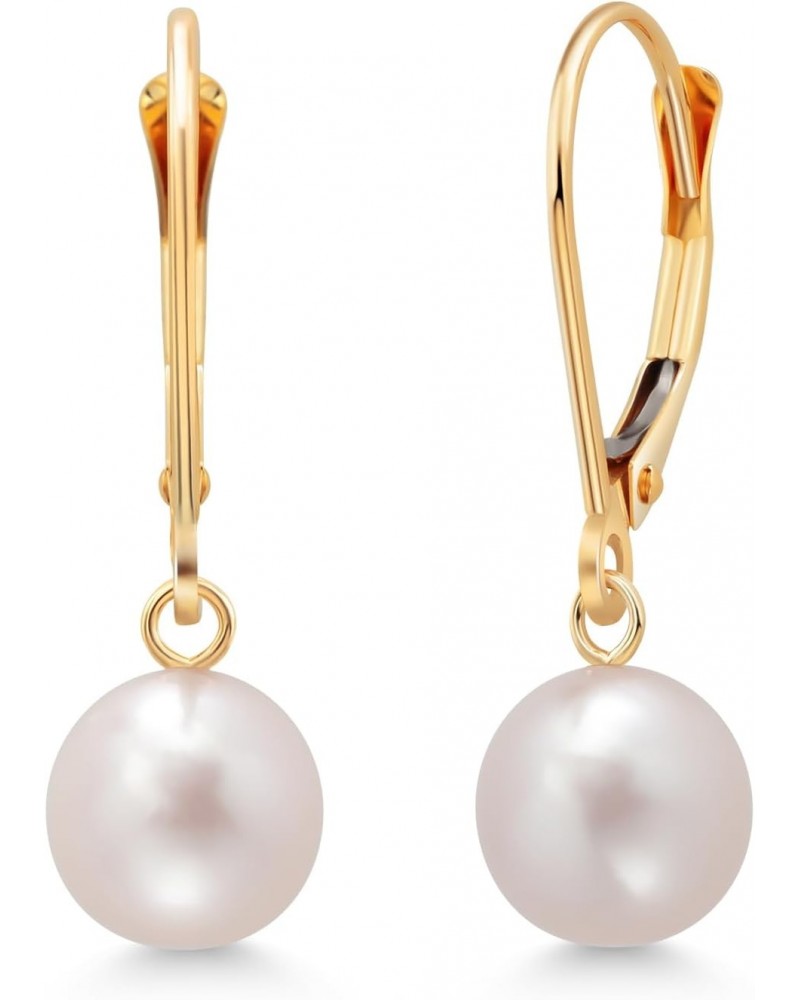 14K Yellow Gold Cultured Freshwater Pearl Earrings For Women, 7MM White Round Shape Dangling $66.00 Earrings