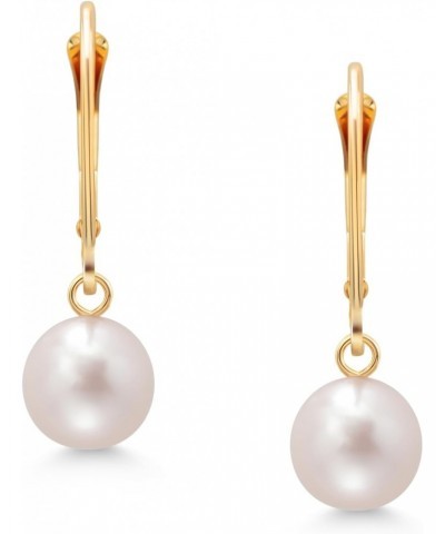 14K Yellow Gold Cultured Freshwater Pearl Earrings For Women, 7MM White Round Shape Dangling $66.00 Earrings