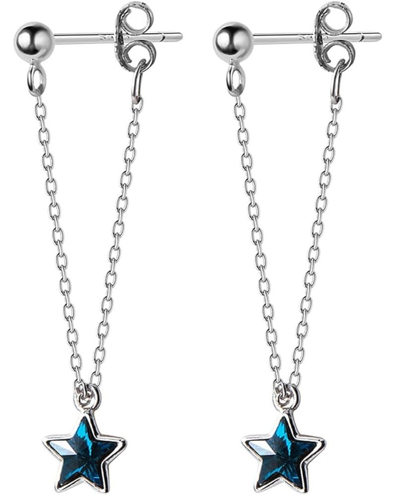 Solid 925 Sterling Silver Star Chain Drop Earrings Tassel for Women Teen Girls Blue Star Dangle Earrings Chain Studs A-Silver...