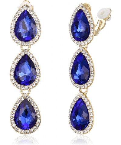 Women's Austrian Crystal Teardrop Pear Shape 2.4 Inch Long Clip-on Dangle Earrings Dark Blue Gold-Tone $11.96 Earrings