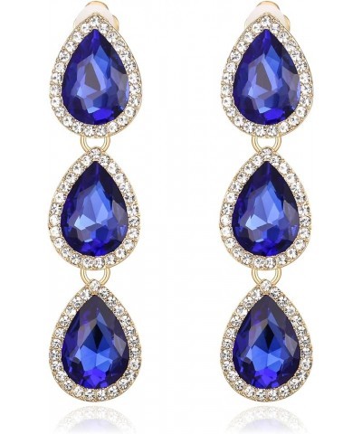 Women's Austrian Crystal Teardrop Pear Shape 2.4 Inch Long Clip-on Dangle Earrings Dark Blue Gold-Tone $11.96 Earrings