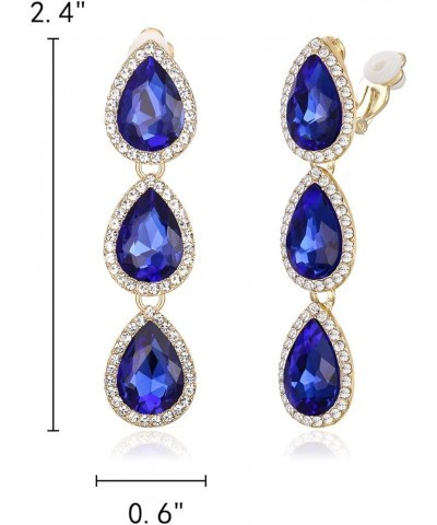 Women's Austrian Crystal Teardrop Pear Shape 2.4 Inch Long Clip-on Dangle Earrings Dark Blue Gold-Tone $11.96 Earrings