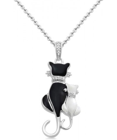 Sterling Silver Natural White Round Diamonds Black Enamel Cat Pendant Necklace, 18" Cable Chain $30.25 Necklaces