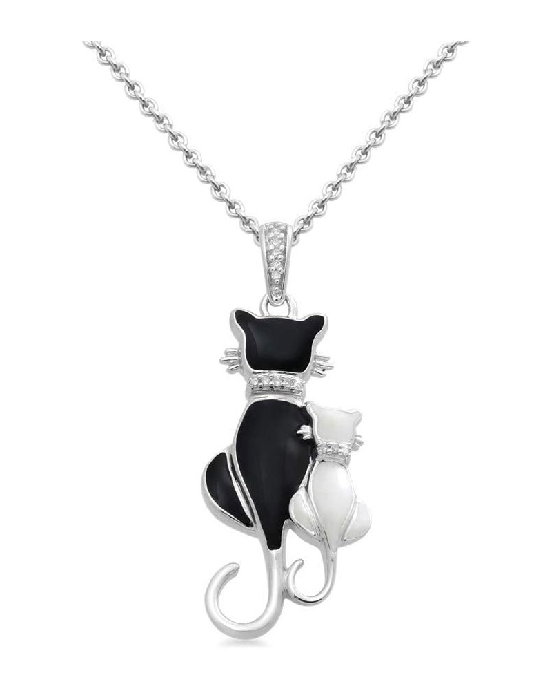 Sterling Silver Natural White Round Diamonds Black Enamel Cat Pendant Necklace, 18" Cable Chain $30.25 Necklaces