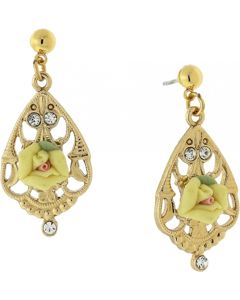 1928 Jewelry "Porcelain Rose" Teardrop Filigree Crystal Accent Rose Teardrop Earrings Yellow $17.51 Earrings