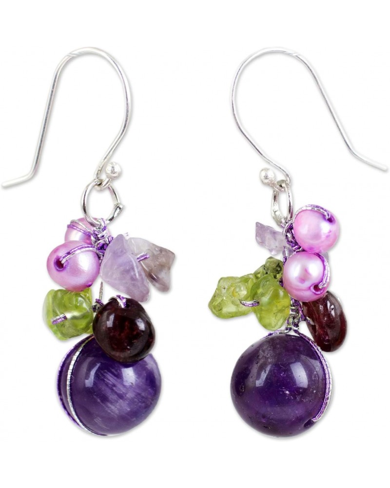 Artisan Handmade Garnet Amethyst Cluster Earrings Cultured Freshwater Pearl Dangle .925 Sterling Silver Peridot Multigem Purp...