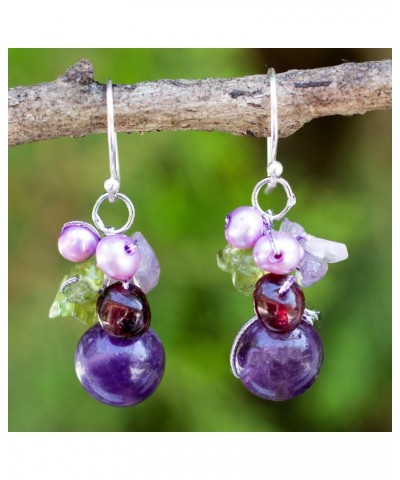 Artisan Handmade Garnet Amethyst Cluster Earrings Cultured Freshwater Pearl Dangle .925 Sterling Silver Peridot Multigem Purp...