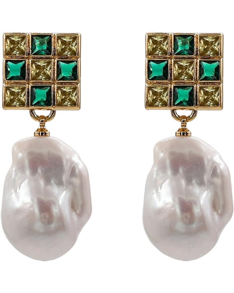 Mosaic Cubic Zirconia Stone Natural Baroque Pearl Drop Post Earrings Gold - Emerald and Olive $19.80 Earrings