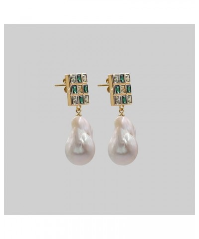 Mosaic Cubic Zirconia Stone Natural Baroque Pearl Drop Post Earrings Gold - Emerald and Olive $19.80 Earrings