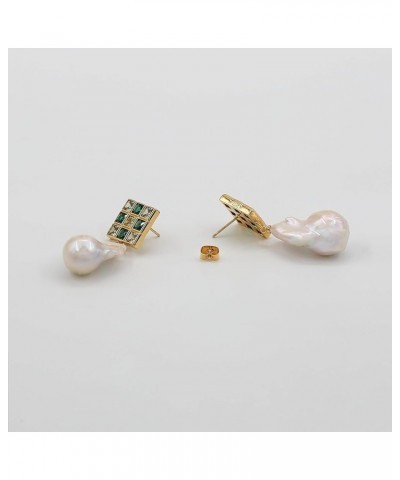 Mosaic Cubic Zirconia Stone Natural Baroque Pearl Drop Post Earrings Gold - Emerald and Olive $19.80 Earrings