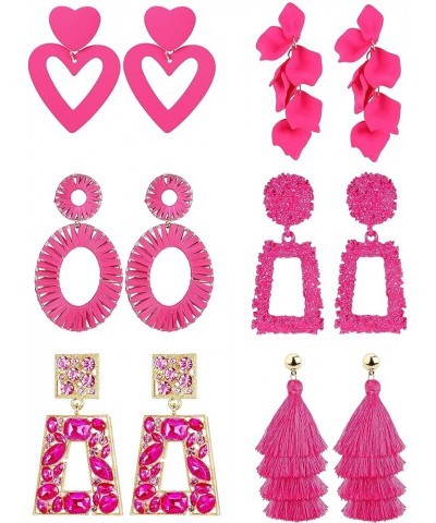 6Pairs Hot Pink Earrings Raffia Drop Statement Earrings for Women Girls Long Tassel Dangle Earrings Rose Petal Floral Tassel ...