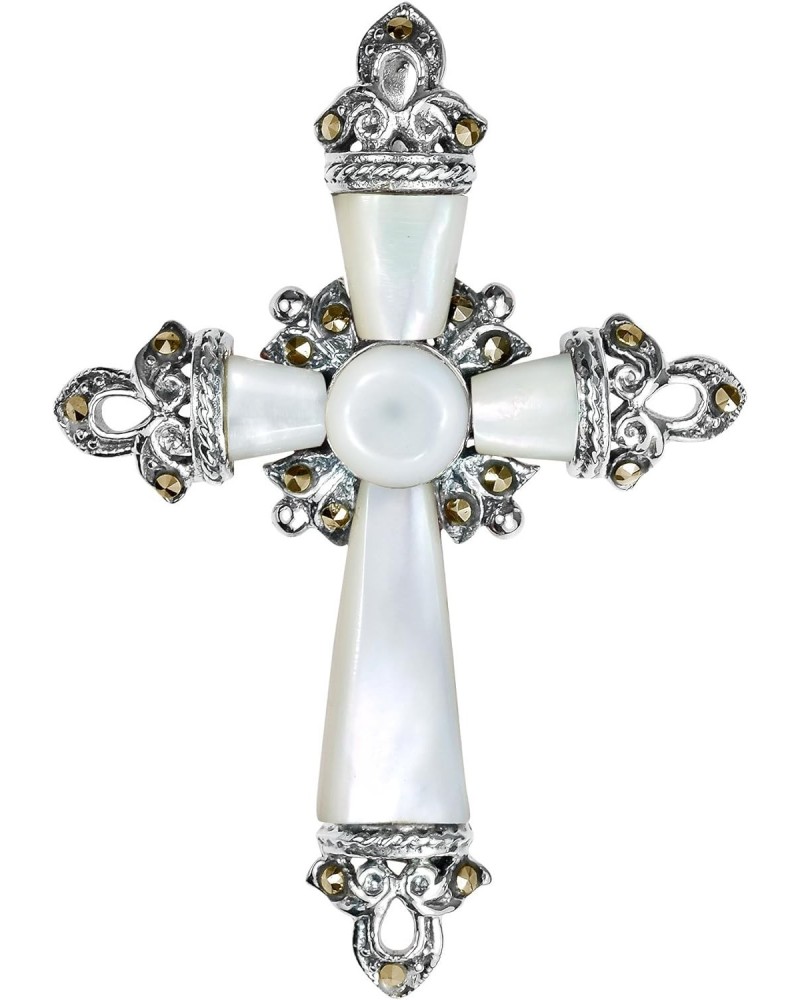 Vintage Cross White Mother of Pearl & Marcasite Style Pyrite .925 Sterling Silver Pendant $23.18 Pendants