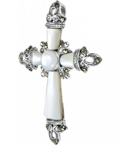 Vintage Cross White Mother of Pearl & Marcasite Style Pyrite .925 Sterling Silver Pendant $23.18 Pendants