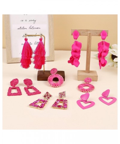 6Pairs Hot Pink Earrings Raffia Drop Statement Earrings for Women Girls Long Tassel Dangle Earrings Rose Petal Floral Tassel ...