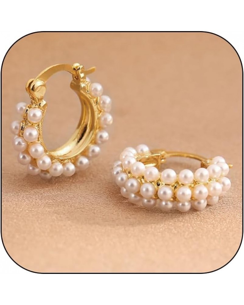 Pearl Earrings for Women, Gold Statement Chunky Gold Pearl Huggie Hoop Earrings Hypoallergenic Dainty Valentines Christmas Gi...