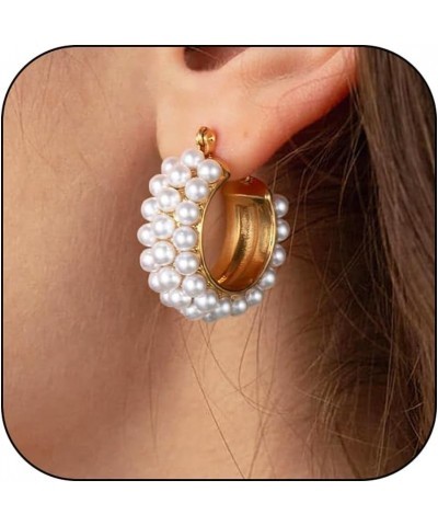 Pearl Earrings for Women, Gold Statement Chunky Gold Pearl Huggie Hoop Earrings Hypoallergenic Dainty Valentines Christmas Gi...