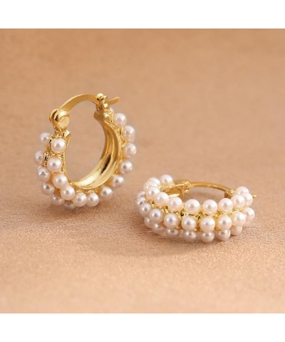 Pearl Earrings for Women, Gold Statement Chunky Gold Pearl Huggie Hoop Earrings Hypoallergenic Dainty Valentines Christmas Gi...