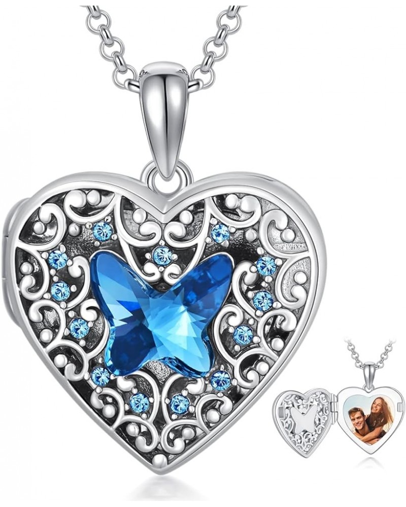 925 Sterling Silver Heart Locket Necklace That Holds Pictures Photo Locket Necklace A-Blue Butterfly Locket+Photo $28.59 Neck...