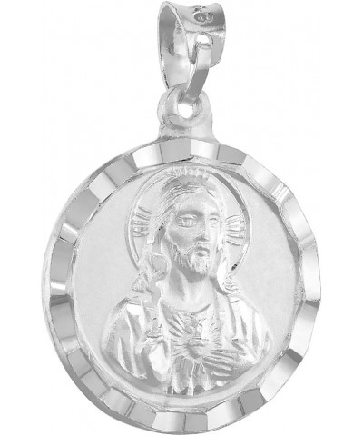 Sterling Silver St Guadalupe & Sacred Heart of Jesus Necklace Double sided Medal 3/4 inch Round Diamond Cut 18-30 inch chain ...