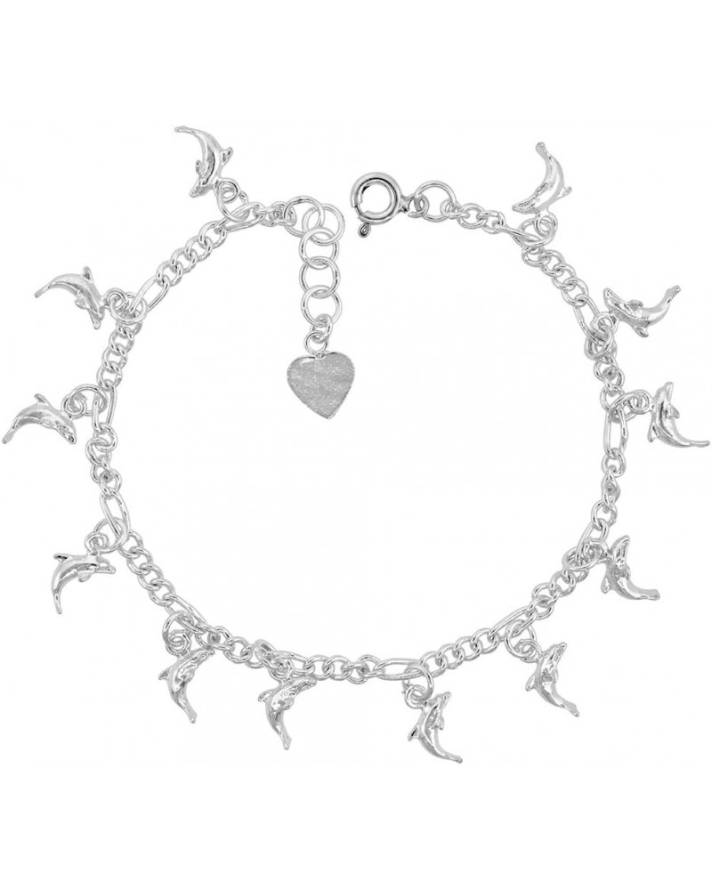 Sterling Silver Dangling Teeny Dolphins Charm Charm Bracelet for Women 15mm drops fits 7-8 inch wrists $14.67 Bracelets