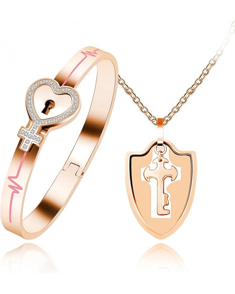 Rose Gold Plated Titanium Matching Puzzle Couple Heart Lock Bracelet and Key Pendant Necklace for Men and Women Heart Cross-R...