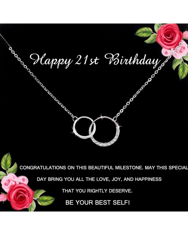 925 Sterling Silver Double Circle Necklace for 21st Birthday, Interlocking Circle Pendant Necklace for Women Rhinestone Rings...