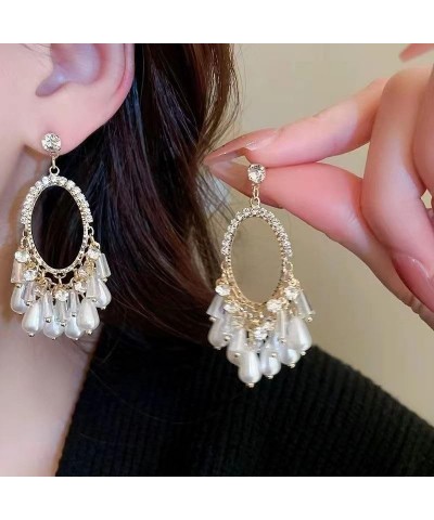 Pearl Earring Fringe Hook Dangling Earrings, Long Bohemian Rhinestone Tassel Earrings For Women Girls Bridal Wedding Jewelry ...