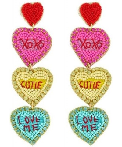 3-Tier Conversation Hearts 'XoXo,Cutie, Love Me' Seed Bead Handmade Beaded Embroidery Jeweled Long Drop Earrings Light Pink $...