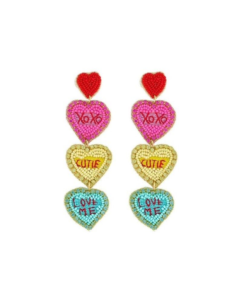 3-Tier Conversation Hearts 'XoXo,Cutie, Love Me' Seed Bead Handmade Beaded Embroidery Jeweled Long Drop Earrings Light Pink $...