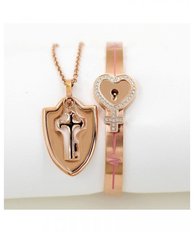 Rose Gold Plated Titanium Matching Puzzle Couple Heart Lock Bracelet and Key Pendant Necklace for Men and Women Heart Cross-R...