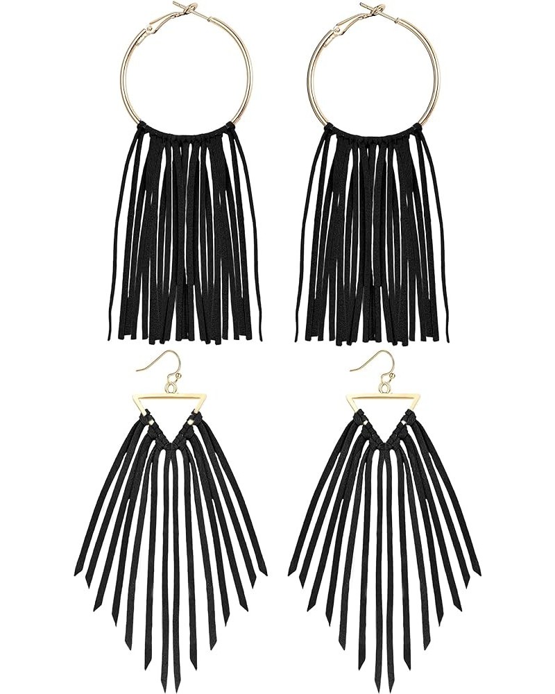 2 Pairs Leather Tassel Dangle Earrings for Women Boho Fringe Statement Leather Earrings Hoop Triangle Ear Jewelry Set Black $...