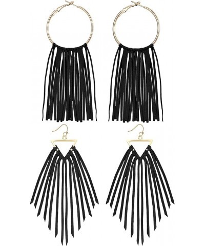 2 Pairs Leather Tassel Dangle Earrings for Women Boho Fringe Statement Leather Earrings Hoop Triangle Ear Jewelry Set Black $...