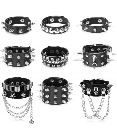 9Pcs Spiked Studded Punk Bracelet Leather Rivet Bracelet Adjustable Goth Cuff Bangle Snap Button Metal Wristband for Men Wome...