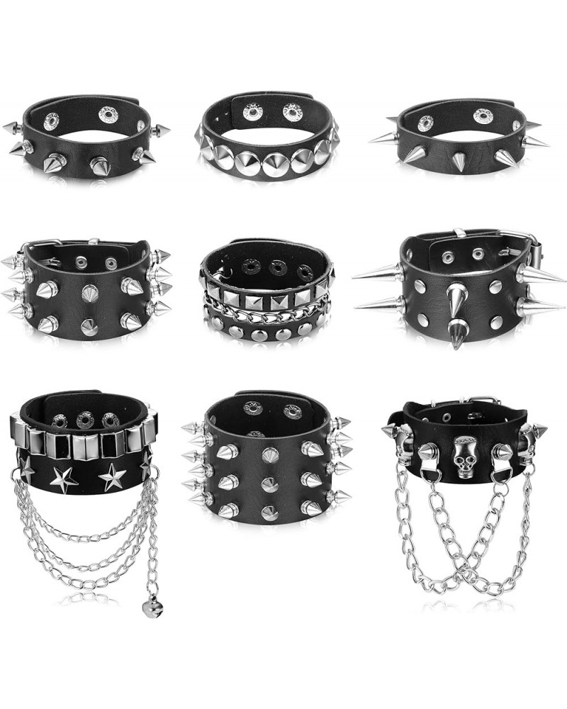 9Pcs Spiked Studded Punk Bracelet Leather Rivet Bracelet Adjustable Goth Cuff Bangle Snap Button Metal Wristband for Men Wome...