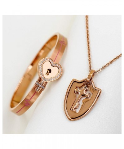 Rose Gold Plated Titanium Matching Puzzle Couple Heart Lock Bracelet and Key Pendant Necklace for Men and Women Heart Cross-R...