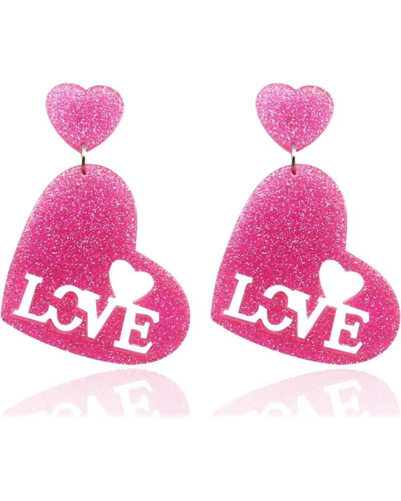 Pink Heart Dangle Earrings for Women Cute Valentine's Day Acrylic Earrings Double Heart Earrings Love Heart Dangle Drop Earri...