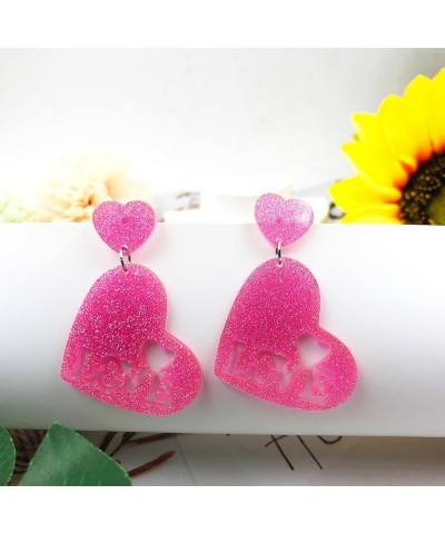 Pink Heart Dangle Earrings for Women Cute Valentine's Day Acrylic Earrings Double Heart Earrings Love Heart Dangle Drop Earri...