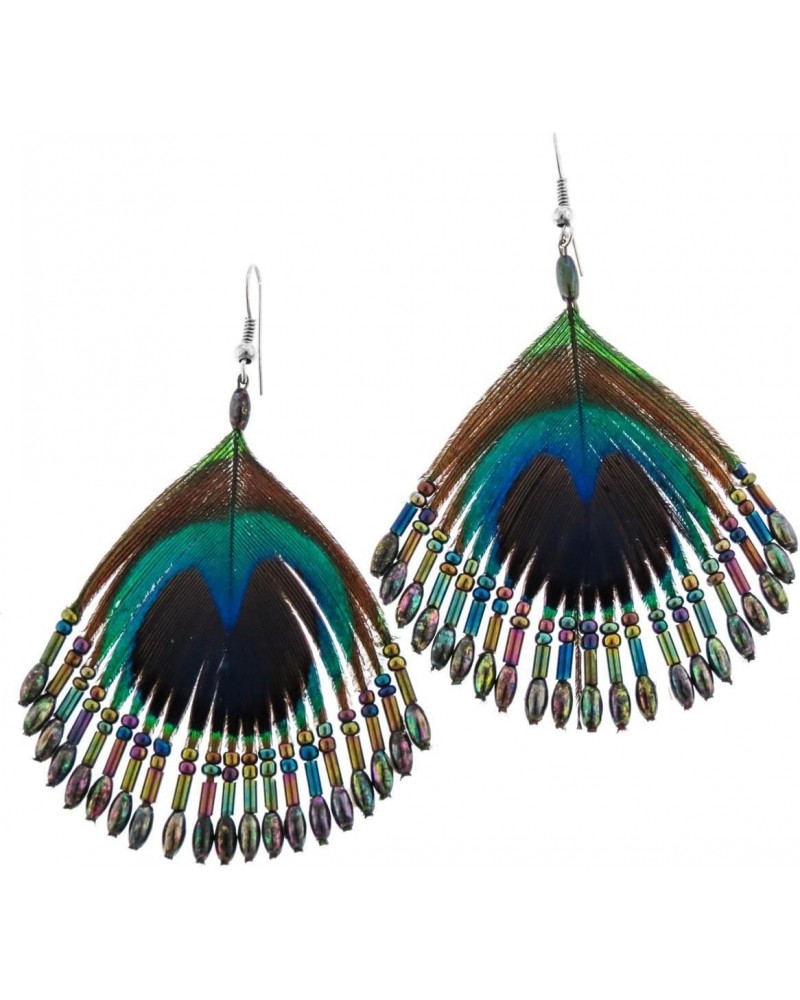 Beaded Iridescent Peacock Feather French Wires Earrings $10.07 Earrings