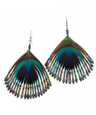 Beaded Iridescent Peacock Feather French Wires Earrings $10.07 Earrings