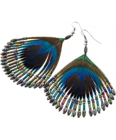 Beaded Iridescent Peacock Feather French Wires Earrings $10.07 Earrings