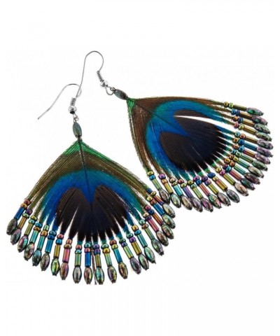 Beaded Iridescent Peacock Feather French Wires Earrings $10.07 Earrings