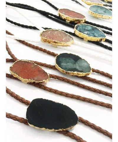 Women's Silver Created Western Bolo Tie Pink Aqua Terra Jasper Gemstone Choker Necklace Grey Cord, Black Gold Trim Stone $12....